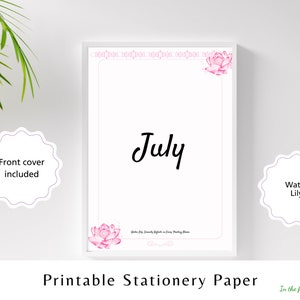 Briefpapier Geboortemaand juli Waterlelie Bloem Bloemen Instant download gelinieerd schrijfblok Notitiepagina Afdrukbaar briefgedicht Roze papier Verjaardagen