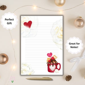 Warme chocolademelk met crème briefpapier briefpapier Bloemen gelinieerd papier rood cadeau download schrijfblok Afdrukbaar briefpapier PenPal mail