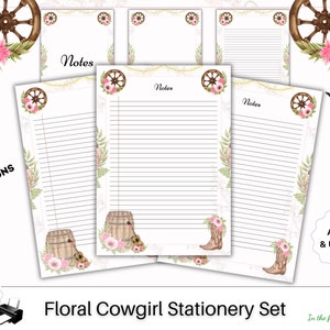 Botas de vaquero vaquera con papelería de flores Papel forrado floral descargar bloc de notas Página de notas Papelería imprimible PenPal Snail Mail