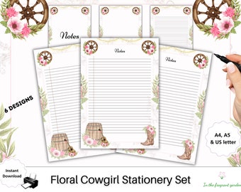 Blommigt Cowgirl-brevpapperset, linjerat skrivpapper (digital nedladdning)