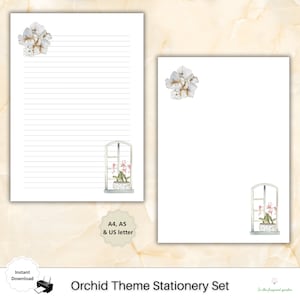 May include: Printable stationery set featuring a watercolour illustration of orchids in a window frame. The set includes lined paper and blank paper in A4, A5, and US letter sizes. The text "Orchid Theme Stationery Set" is printed at the bottom of the image.