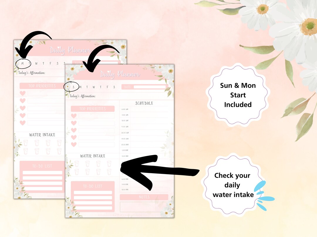 Productivity Goal Planner Digital Daily Daisy Printable Hourly Work Day ...