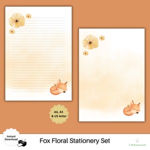 à lettres Adorable renard endormi | Jolie papeterie à fleurs pour enfants | Bloc-notes imprimable en téléchargement | Notes de renard charmant | Revue