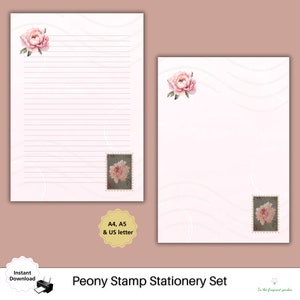 Peony Vintage Postage Stamp list papier do pisania Shabby Chic Victorian Floral ephemera papeteria Floral Lined Paper natychmiastowe pobieranie postów