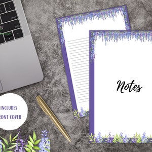 May include: Printable stationery featuring a purple wisteria floral border with the word "Notes" at the top of the page. Includes a front cover.