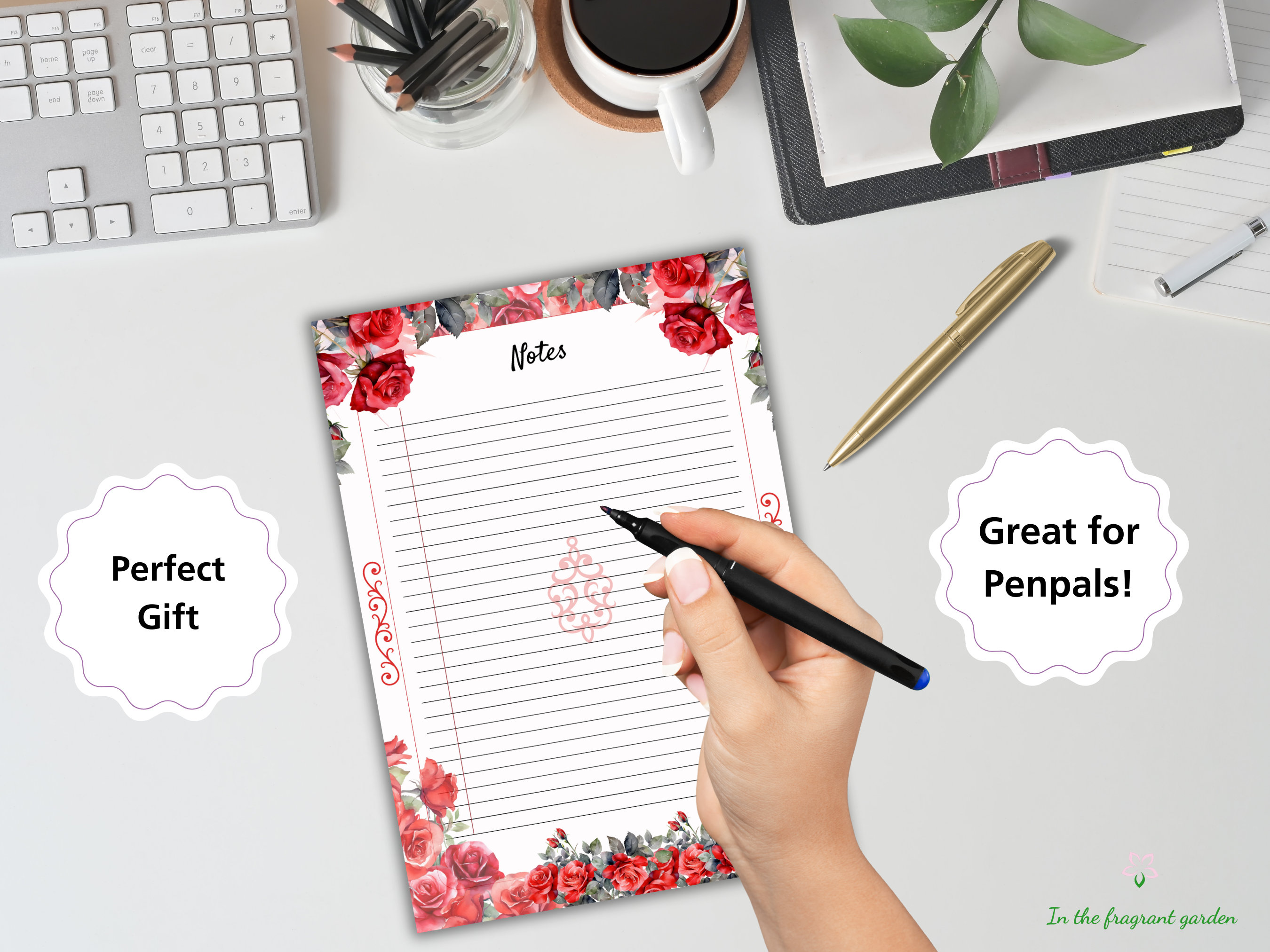 Red Roses Notes Page Printable Lined Snail Mail Pen Pals Note Taking ...