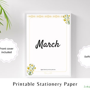 Briefpapier Geboortemaand maart Narcis Bloem Bloemen Instant download gevoerd schrijfblok Notitiepagina Afdrukbaar Geel Narcis Papier Verjaardagen