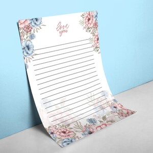 Página de notas florales con texto "Te amo" / Papel de carta con líneas imprimible para enviar por correo postal y por correspondencia / Papelería romántica para agendas / Diseños de flores bonitas