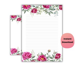 Peony Floral Stationery Set, Lined & Blank Paper (Digital Download)