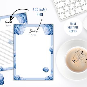 Buchstabe, Blumenpapier, Notizen, Seite, druckbar, gefütterte Notiz, Planereinlage, Download-Notizbuch, Blumen, blaue Blume, Geschenk für sie