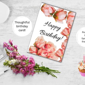 Cartão de aniversário floral para impressão, cartão de download de feliz aniversário, rosa floral, aniversário romântico para suas saudações personalizadas de esposa feminina