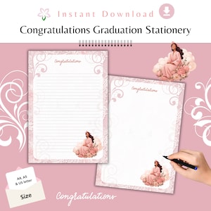 Herzlichen Glückwunsch Abschluss Buchstaben Floral gefüttert Notizen Schreibwaren Papier herunterladen ästhetische Schreibblock Notizen Seite druckbare PenPal Frauen Kleid
