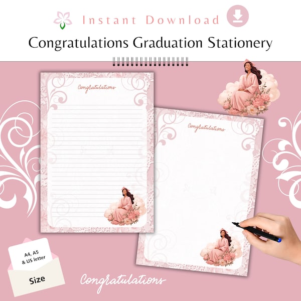 Congratulations Graduation letters Floral lined notes stationery Paper download aesthetic writing pad Notes Page Printable PenPal Women Gown