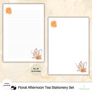 Papelería de té de la tarde Papel forrado floral descargar bloc de notas de flores Página de notas Papelería imprimible PenPal Leaf acogedor otoño Naranja Rosa