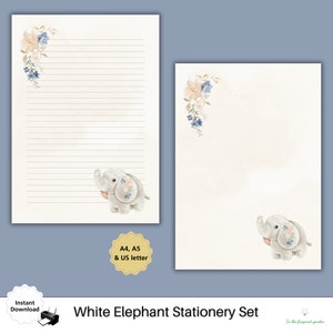 Elefante blanco Lindo papel forrado notas florales niños papelería Papel descargar bloc de escritura caprichoso Página de notas imprimible Pen Pal Animal Art