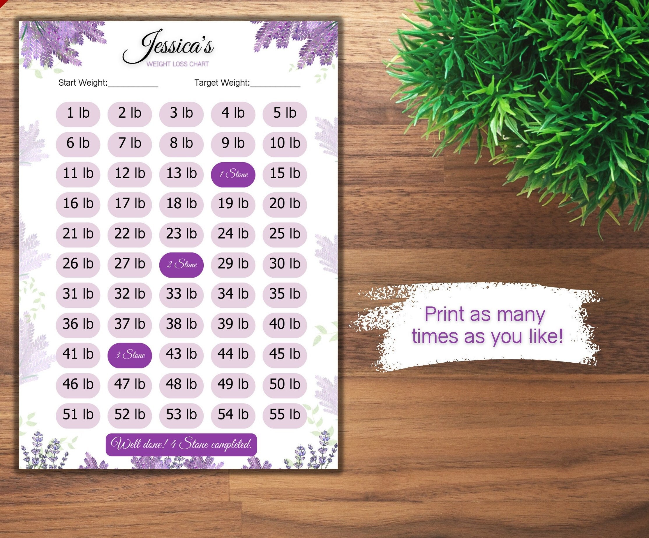 Weight loss Chart Floral tracker journey Slimming watchers Personalised 4 stone/56lb lavender 2023 Name plan Instant Download Countdown