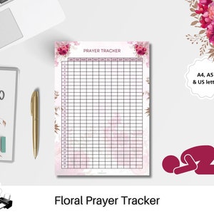 Puede incluir: Plantilla de seguimiento de oración floral imprimible en tamaños A4, A5 y carta de EE. UU. El rastreador tiene un fondo floral rosa y blanco con una cuadrícula para marcar las oraciones diarias. El texto "PRAYER TRACKER" está en la parte superior de la página.