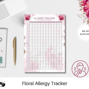Printable Allergy Tracker Daily Floral Hayfever log PDF Improve allergies trigger Track Check Allergy Symptom Food Journal Monthly Download