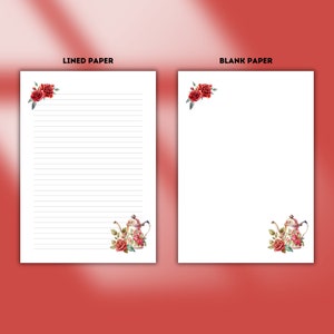 Papelería de té Papel forrado floral descargar bloc de notas de flores Nota té de la tarde Papelería imprimible PenPal Romántico Dulce Pétalo Rojo Rosa