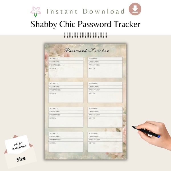 Shabby Chic Password Tracker Victorian Pink Rose Floral Login Code Details Antique instant download Organisation New year Security Keeper