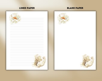 May include: Two printable sheets of paper with a white flower design. One sheet is lined and the other is blank.