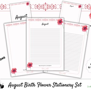 Briefpapier Geboortemaand augustus Klaproos Bloem Bloemen Instant download gelinieerd schrijfblok Notitiepagina Afdrukbaar Briefgedicht Rood papier Verjaardagen