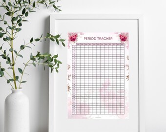 Op de afbeelding: Een printbare menstruatietracker met een bloemenontwerp. De tracker heeft een raster met de dagen van de maand en de maanden van het jaar. De tekst "PERIOD TRACKER" staat bovenaan de pagina.