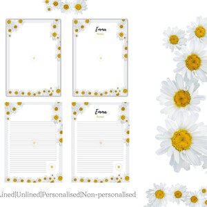 Puede incluir: Cuatro plantillas de papel para notas imprimibles con un borde de margaritas. Dos plantillas están rayadas y dos no están rayadas. Dos plantillas están personalizadas con el nombre "Emma" y dos no están personalizadas.