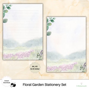 Papelería con motivos florales de Garden Field / Papel rayado con eucalipto y lavanda / Bloc de notas imprimible / Juego de amigos por correspondencia / Notas / Descarga instantánea