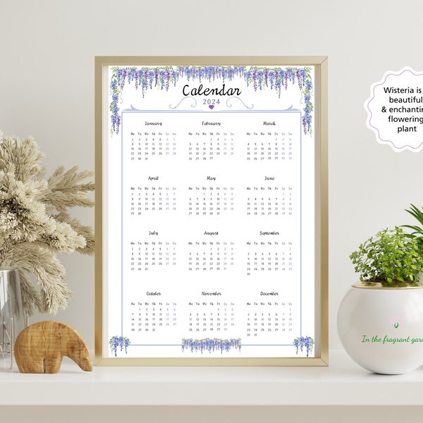 Annual Calendar Floral 2024 Year Month Wisteria Vines Botanical Printable Wall Art Home Office School Family Organise Productive 365 day