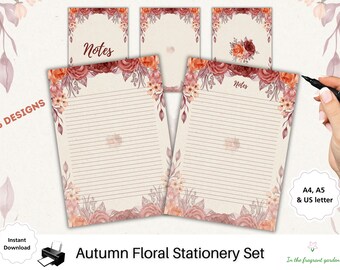 May include: Set of five printable stationery designs featuring a floral pattern with autumnal colors. The designs include lined paper with the word "Notes" at the top. The designs are available in A4, A5, and US letter sizes.