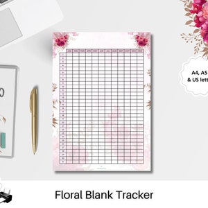 Op de afbeelding: Een printbare blanco tracker met bloemenmotief in de formaten A4, A5 en US letter. De tracker heeft een roze achtergrond met een bloemenmotief en een raster van 31 dagen per 12 maanden.