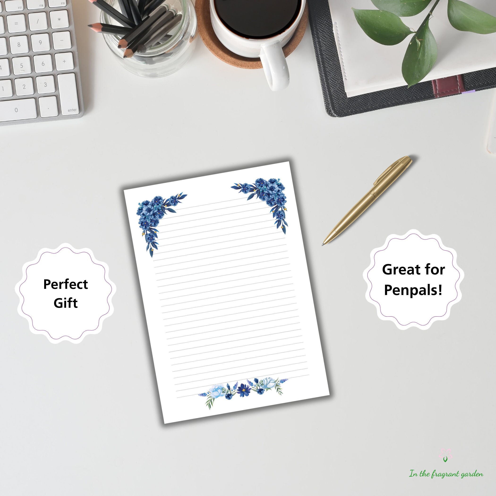 Pretty Note Paper Blue Blue Floral Stationery Set | Printable Lined Paper & Writing Pad | Cute ...