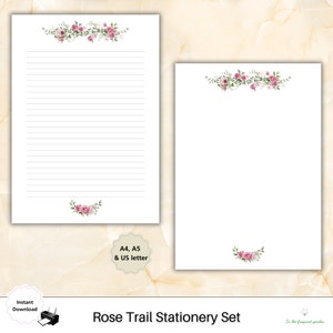 Papelería floral Papel forrado floral descargar bloc de notas Página de notas Papelería imprimible Carta PenPal Romántica Rosa Rosa Flor Rosas Novia