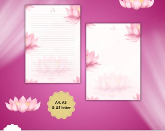 Rosa Lotusblommigt brevpapper, linjerat skrivpapper (digital nedladdning)