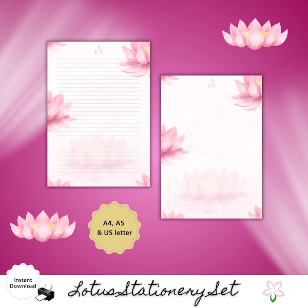Papeterie florale imprimable fleur de lotus rose, lettre sur papier ligné, téléchargement botanique écriture notes page sérénité zen moderne modèles numériques