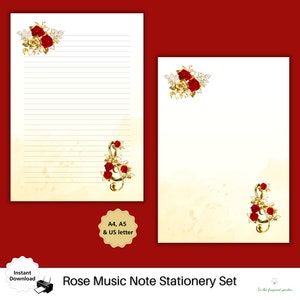 Notes de musique florales Papeterie Papier doublé d'or Notes de roses Papeterie pour enfants à télécharger Bloc-notes Notes Feuilles de musique imprimables Fourniture de bureau