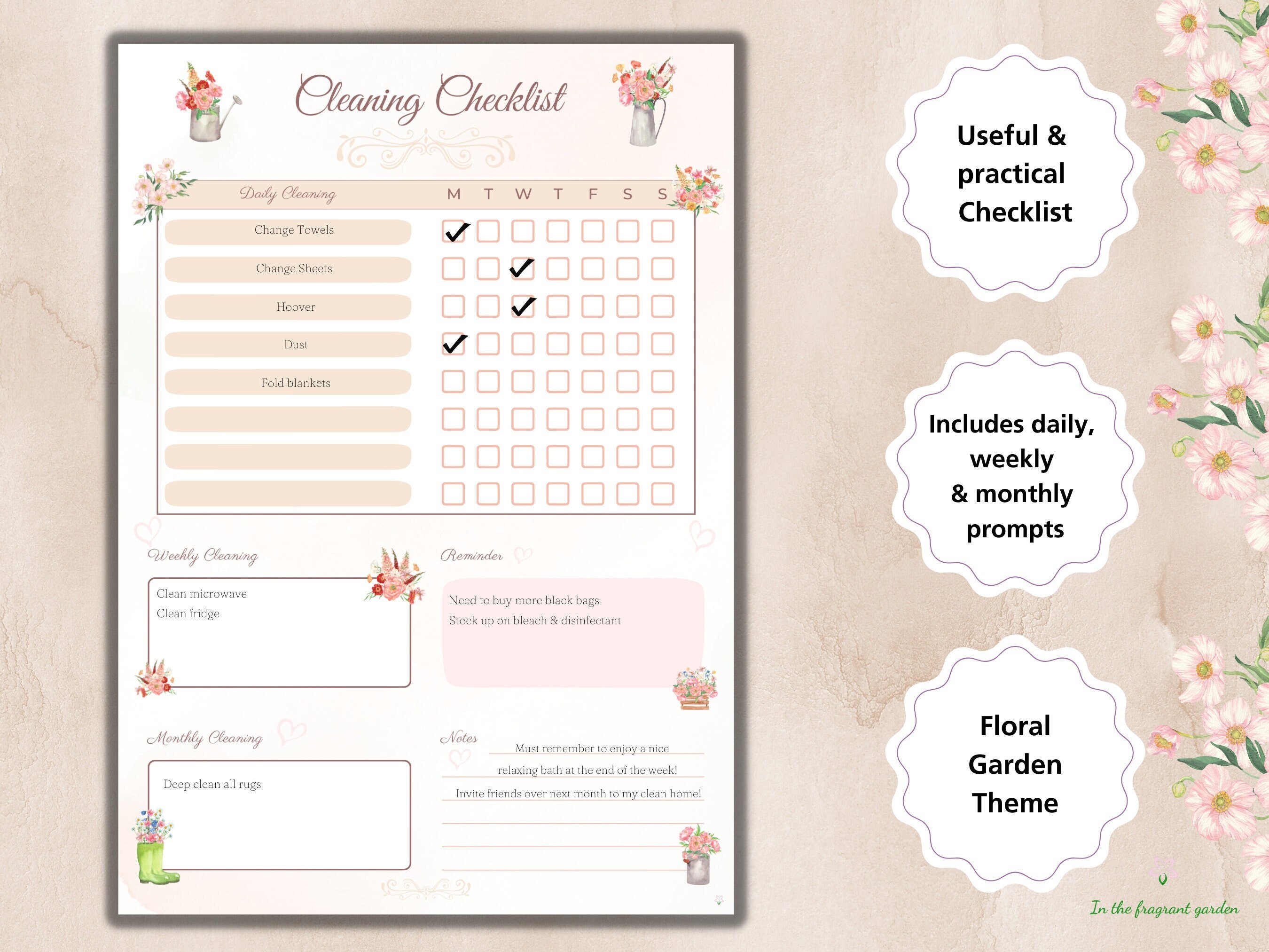 Cleaning Checklist Printable Floral Weekly Daily Task Botanical Garden ...