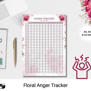 Puede incluir: Rastreador de ira floral imprimible con un fondo rosa y blanco. El rastreador tiene una cuadrícula con los días de la semana y los meses del año. El rastreador está diseñado para ayudar a rastrear los niveles de ira.