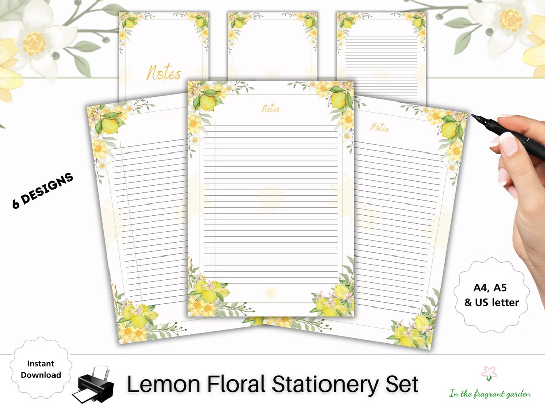 Lemon Stationery Floral Pen Pal Printable Stationary Letter Lined Paper ...