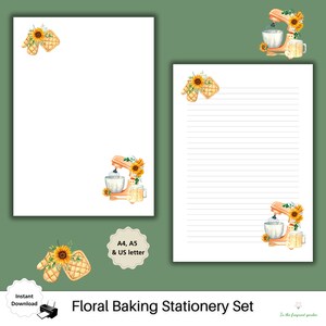 May include: Printable stationery set featuring a floral baking theme. The design includes a yellow sunflower, a kitchen mixer, and a pair of oven mitts. The text "A4, A5 & US letter" and "Floral Baking Stationery Set" is included in the image.