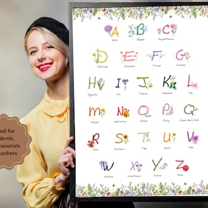 Afdrukbare bloemenalfabet A tot Z Bloemenalfabetposter ABC bloemen educatieve muurkunst Kantoor HomeSchool Klas Kwekerij Botanische Grafiek