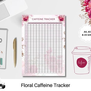 Koffeinaufnahme Tagebuch Kaffee und Tee Tracker Printable Tägliche FloraI Cup Track Check Ein Jahr Journal Download Chart Verbrauch Energietagebuch