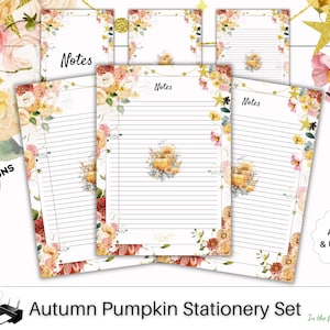 Papelería de calabaza de otoño Papel forrado floral descargar bloc de notas de flores Página de notas Papelería imprimible PenPal Leaf acogedora temporada de cosecha de otoño
