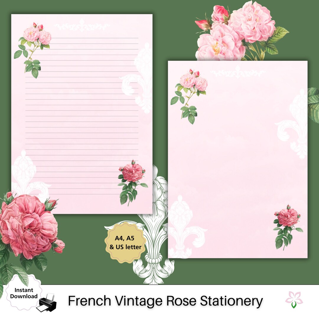 Retro Pink Writing French Vintage Floral Rose Letter Writing Paper Shabby Chic Victorian ...