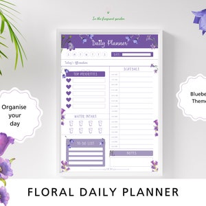 Floral Planner afdrukbare Pomodoro dagelijkse taak boshyacinten botanische tuin productiviteit planner blauwe wilde bloemen schema tijd tracker A4 A5 VS