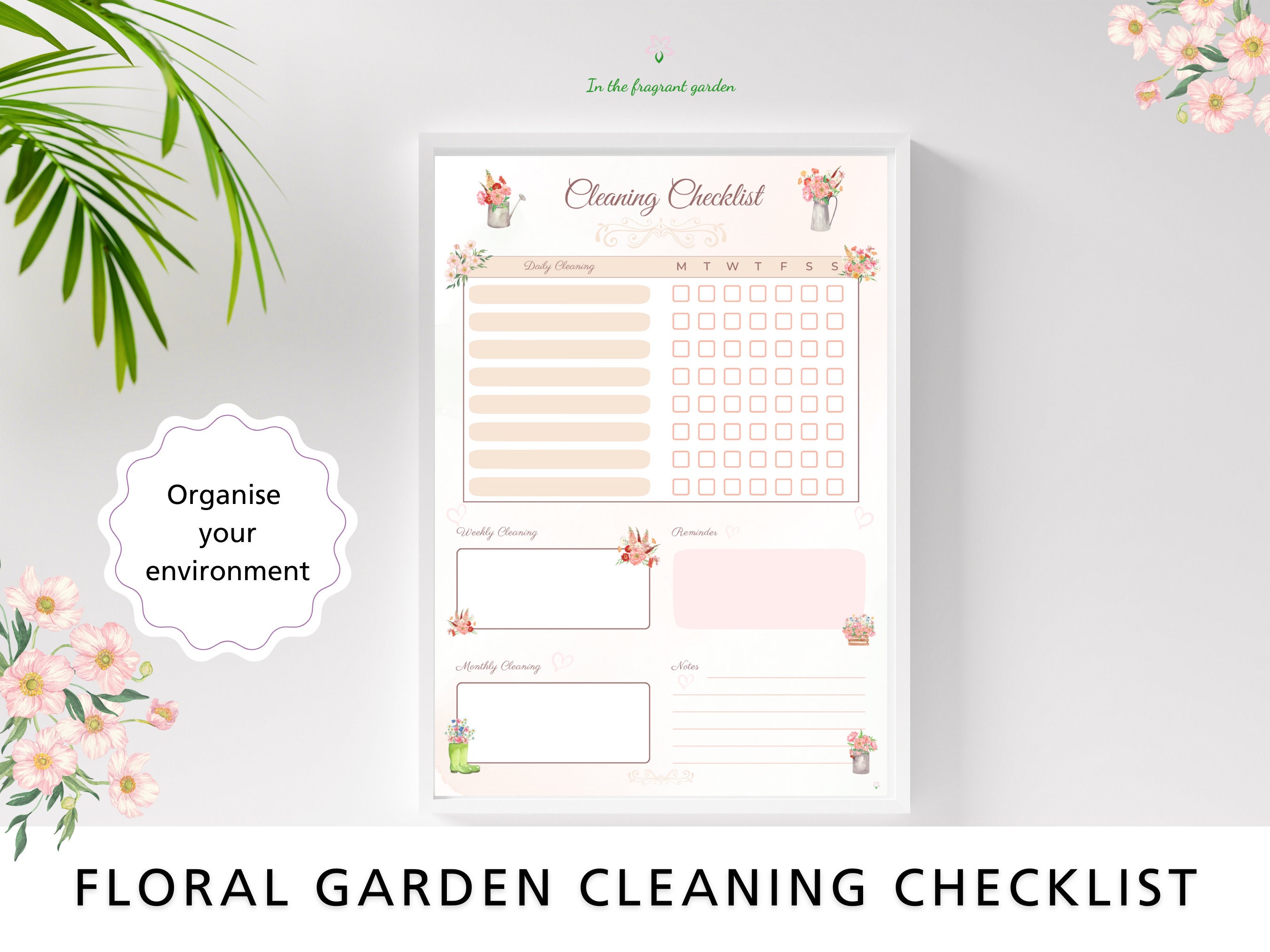 Cleaning Checklist Printable Floral Weekly Daily Task Botanical Garden ...