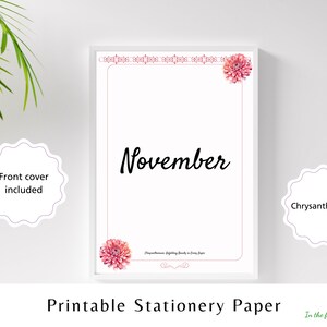 Briefpapier Geboortemaand november Chrysant Bloemen Instant download gelinieerd schrijfblok Notitiepagina Afdrukbaar Cottage Core Paper Verjaardagen