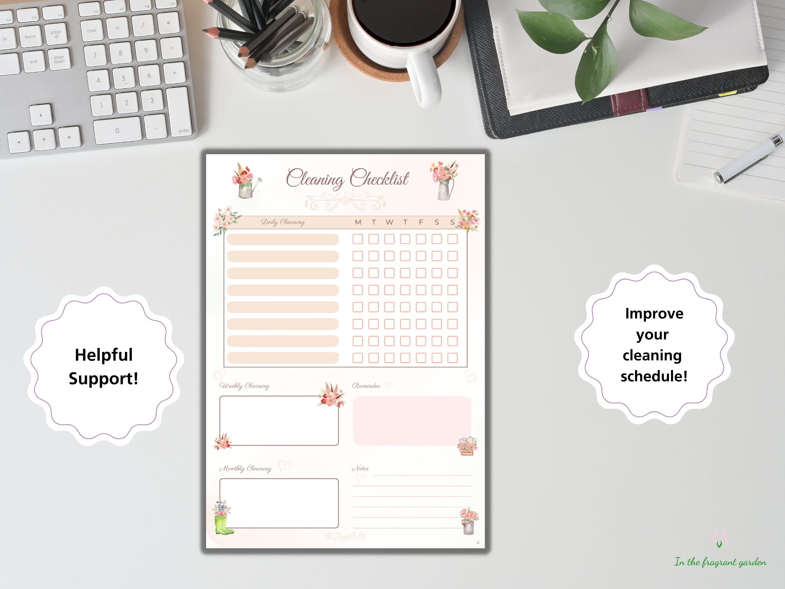 Cleaning Checklist Printable Floral Weekly Daily Task Botanical Garden ...