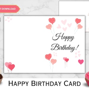 Cartão de feliz aniversário para filha, amiga, mãe, download instantâneo, balão, coração, amor para ela, comemorações femininas, irmã muito fofa